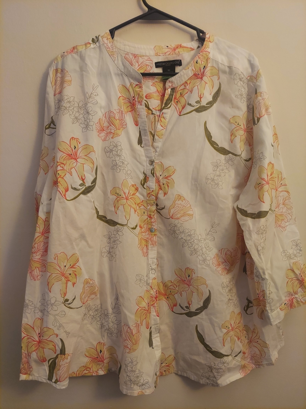 Preswick & Moore White Button-Down Top with Yellow & Green Floral Print
